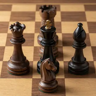 Five chess pieces on a board: a king in the center, a queen 