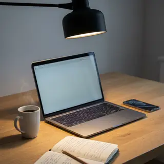 A desk scene: laptop in the center, coffee mug to the left, 