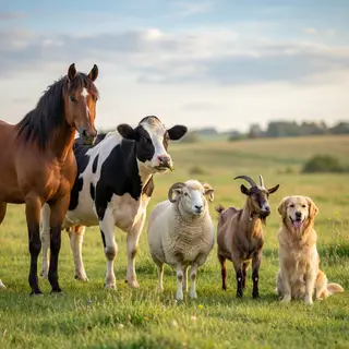 Five animals in a field: a horse on the far left, a cow to t