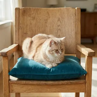A cat sitting on a pillow, the pillow placed on a wooden cha