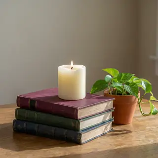 A candle on top of a stack of books, the books next to a pot