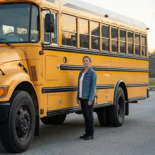 A person standing next to a yellow school bus, showing reali