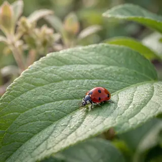 A ladybug sitting on a large green leaf, shown at realistic 