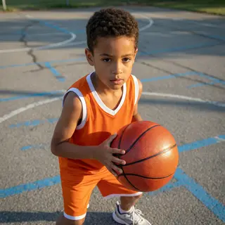 A child holding a basketball, both at correct relative sizes