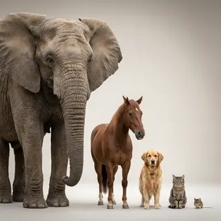 A group photo of an elephant, a horse, a dog, a cat, and a m