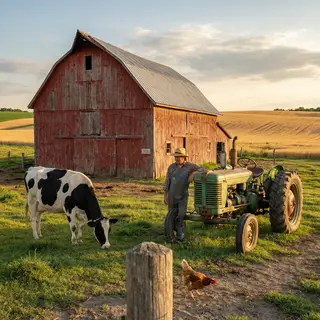 A farm scene with a barn, tractor, farmer, cow, chicken, and