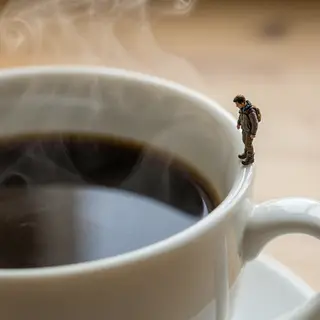 A tiny person standing on the rim of a coffee cup, looking d