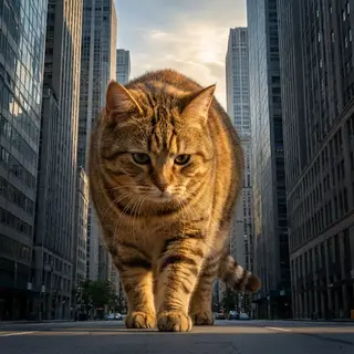 A giant tabby cat walking between city skyscrapers like a ka