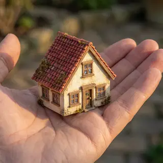 A miniature house sitting on the palm of someone's hand