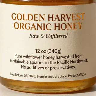 A product label for 'GOLDEN HARVEST ORGANIC HONEY' with subt