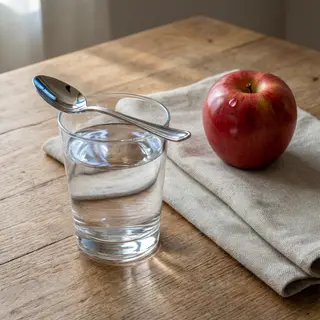 A still life on a wooden table featuring a clear glass of wa