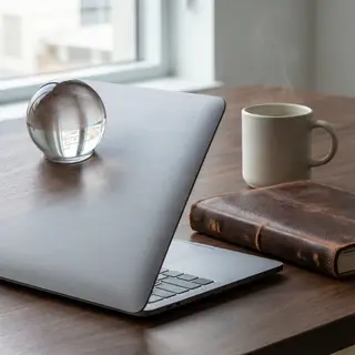 A workspace desk with a brushed aluminum laptop, a leather-b