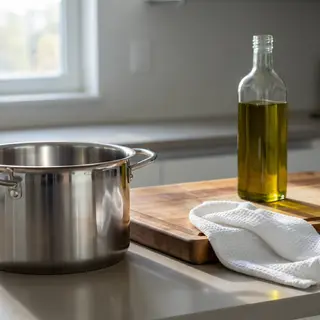 A kitchen counter with a stainless steel pot, a wooden cutti