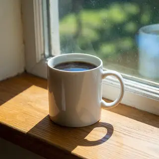 A coffee mug on a sunny windowsill casting a sharp shadow to