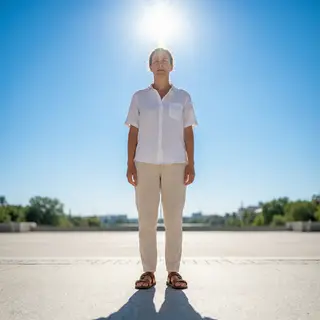 A person standing outdoors at midday with a short shadow dir