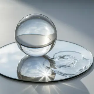 A clear glass sphere sitting on a mirror surface near a pool