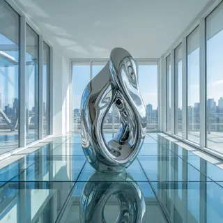 A chrome sculpture in a room with a glass floor and large wi