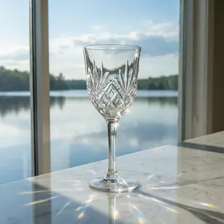A crystal wine glass on a polished marble counter next to a 
