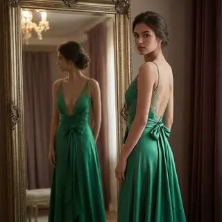 A woman standing in front of a full-length mirror, her refle