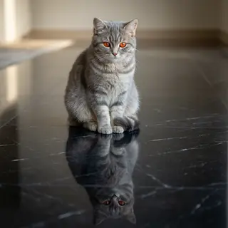 A cat sitting on a polished marble floor with its reflection