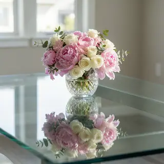 A vase of flowers on a glass table with a clear reflection v
