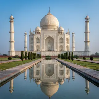The Taj Mahal in Agra seen from the reflecting pool, with ac