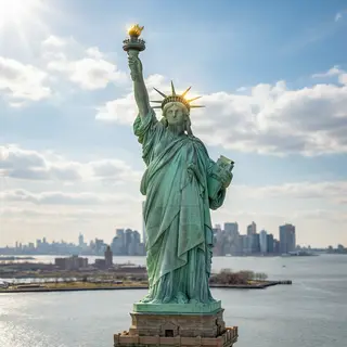 The Statue of Liberty on her island pedestal, with correct t