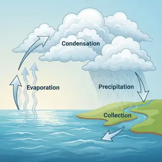 A detailed diagram of the water cycle showing evaporation fr