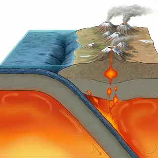 A cross-section showing tectonic plates at a convergent boun