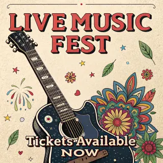 An event poster featuring a guitar illustration, the headlin