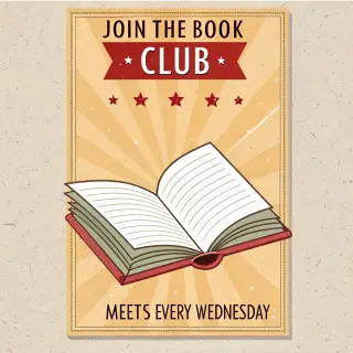 A book club poster with an open book illustration, the title