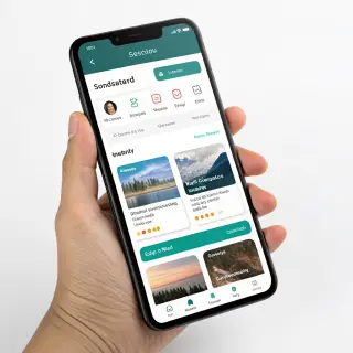 A mobile app UI mockup showing a dashboard with a top naviga