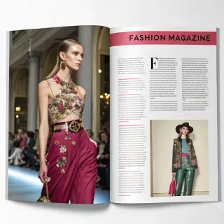 A fashion magazine spread with a full-bleed left-page photo,