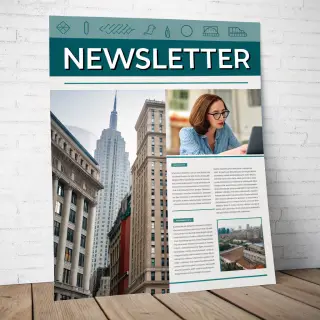 A newsletter layout with a banner image header, a two-column