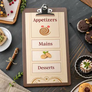 A restaurant menu layout with a logo header, three category 