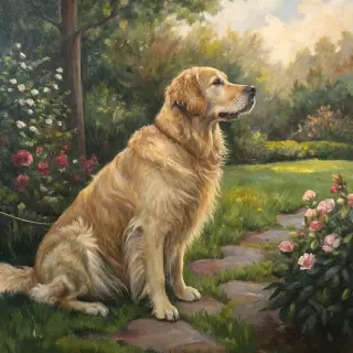 A golden retriever sitting in a garden, painted in the style