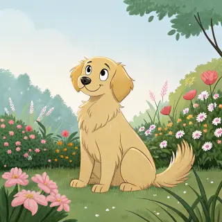 A golden retriever sitting in a garden, rendered in Japanese