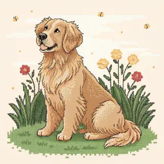 A golden retriever sitting in a garden, rendered in pixel ar