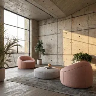 An interior scene rendered in soft brutalism — raw concrete 