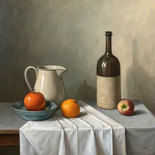 A still life painted in anxious minimalism — sparse composit