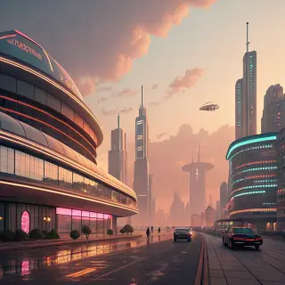 A cityscape rendered in nostalgic futurism — retro-futuristi
