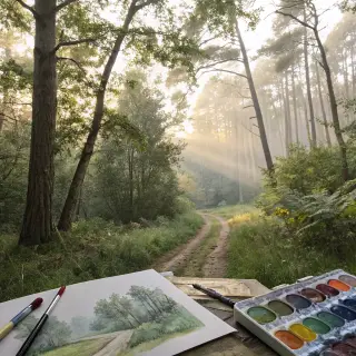 A forest rendered in photorealistic watercolor — the detail 