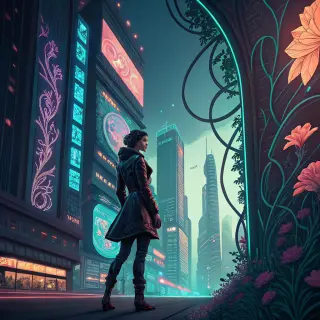 A woman in a futuristic city rendered in cyberpunk Art Nouve