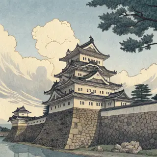 A medieval castle depicted in Japanese ukiyo-e woodblock pri