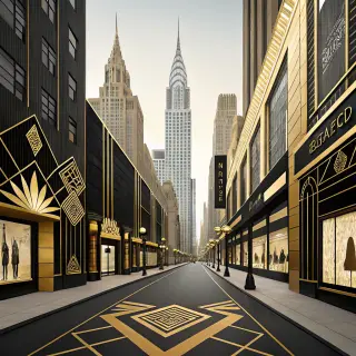 A city street scene in the style of Art Deco — geometric sha