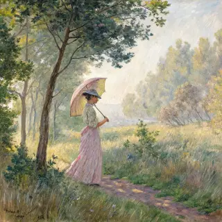A woman with a parasol in the style of Impressionism — soft 