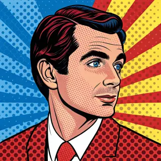 A portrait of a man in Pop Art style — bold outlines, Ben-Da