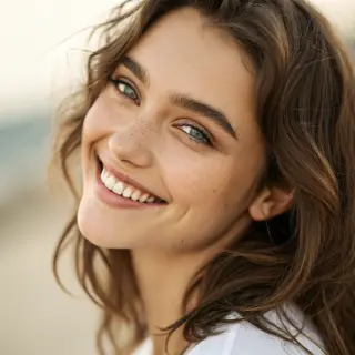 A close-up portrait of a young woman with a warm natural smi