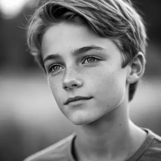 A headshot of a teenager with a relaxed, neutral face