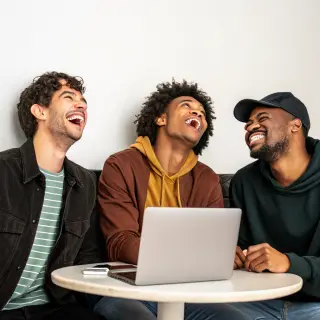 A group of three friends at a table: one laughing with head 